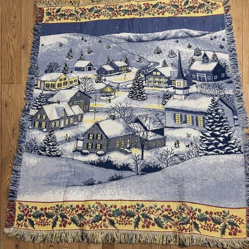 Vintage Mohawk Winter Village Woven Tapestry Throw Blanket 59x48 Christmas USA